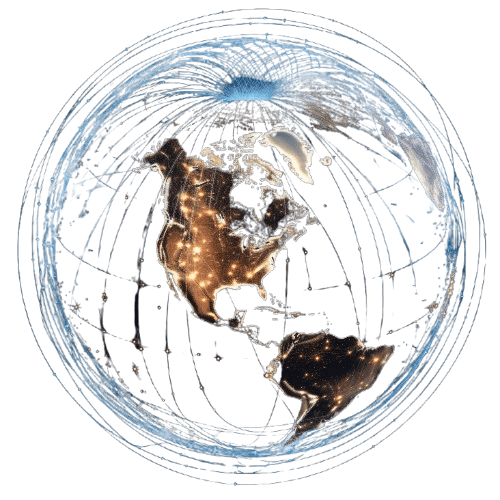 A 3D rendering of a dark globe with interconnected, glowing points of light.